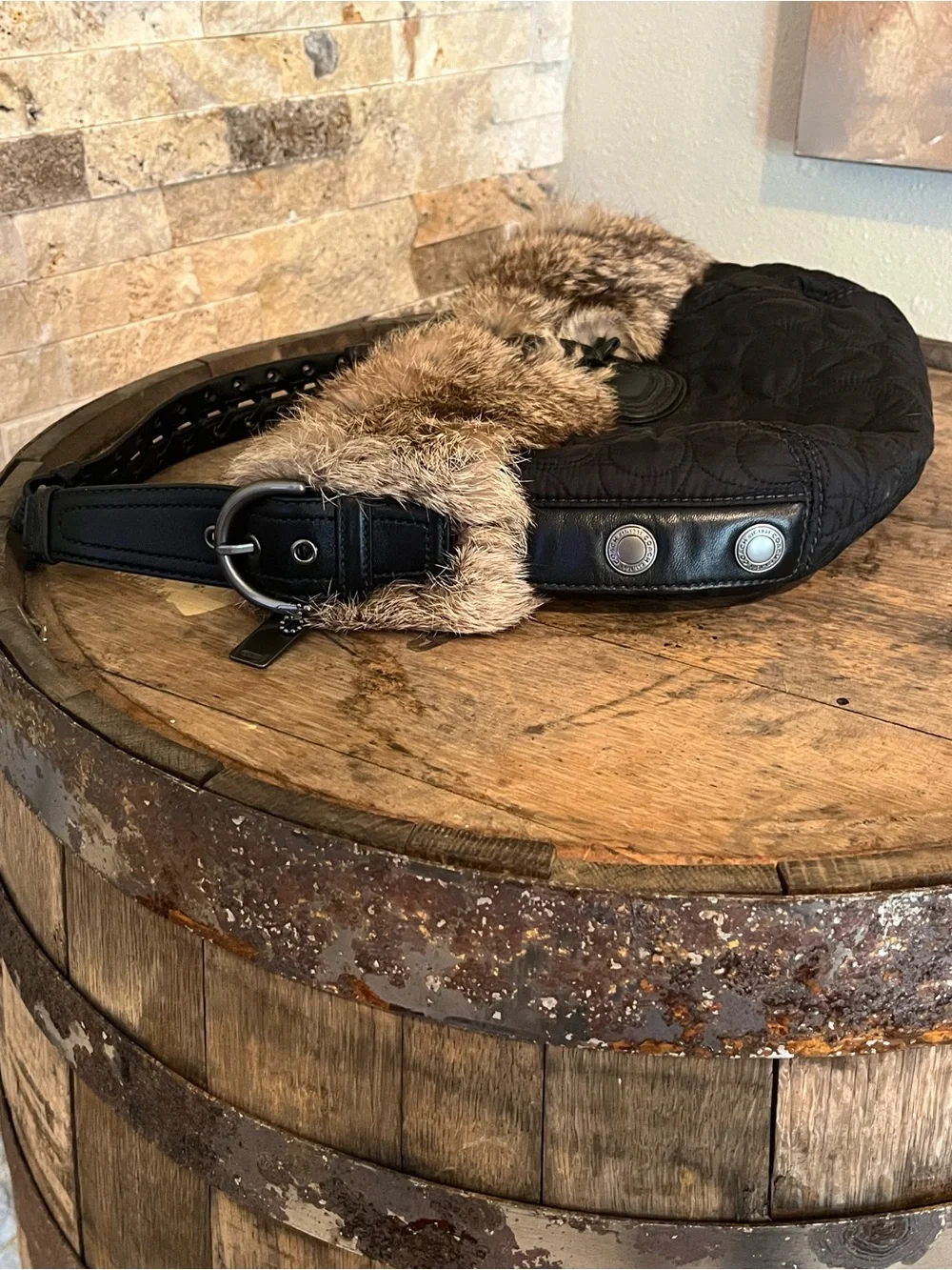 Coach Vintage Black Leather and Rabbit Fur Shoulder Bag